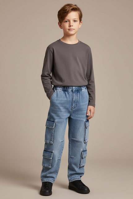Pantalon Cargo Denim Clair Poches Multiples Garçon - Bleu Jean