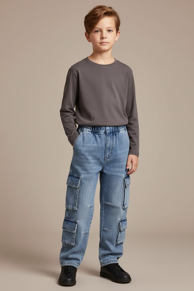 Pantalon Cargo Denim Clair Poches Multiples Garçon - Bleu Jean
