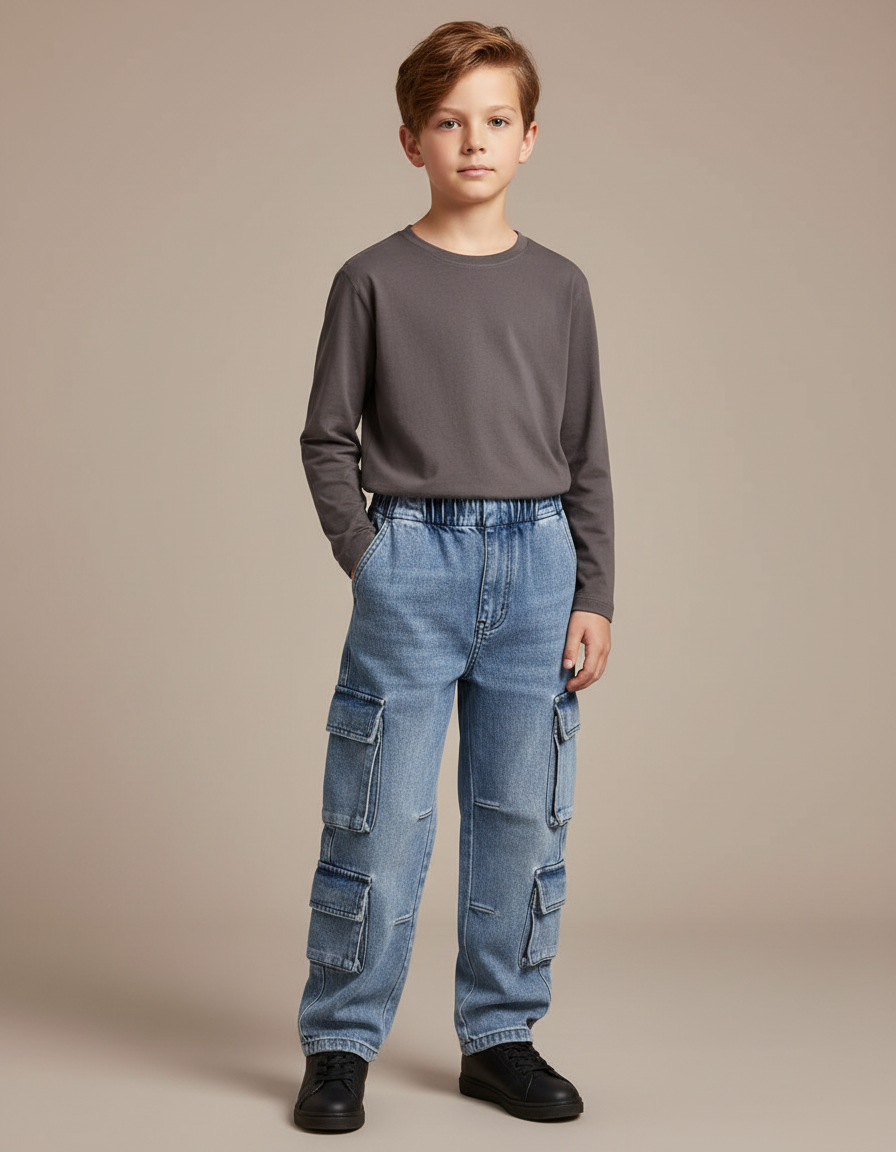 Pantalon Cargo Denim Clair Poches Multiples Garçon - Bleu Jean