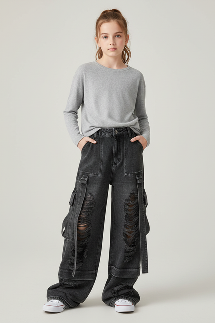 Pantalon Cargo Noir Ample Déchiré Denim Fille - Jean