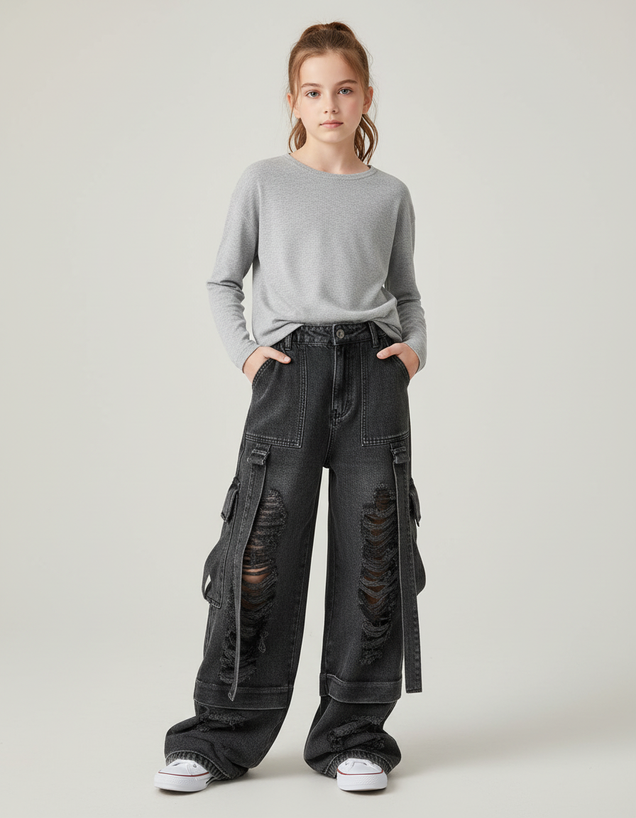 Pantalon Cargo Noir Ample Déchiré Denim Fille - Jean