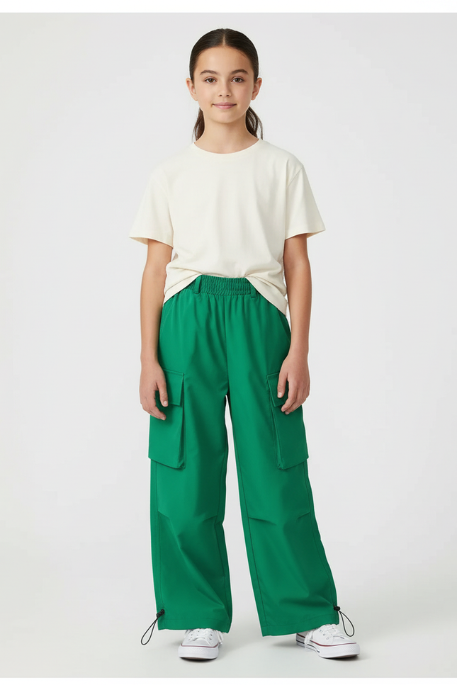 Pantalon Cargo Vert Ample Taille Haute Enfant - Polyester