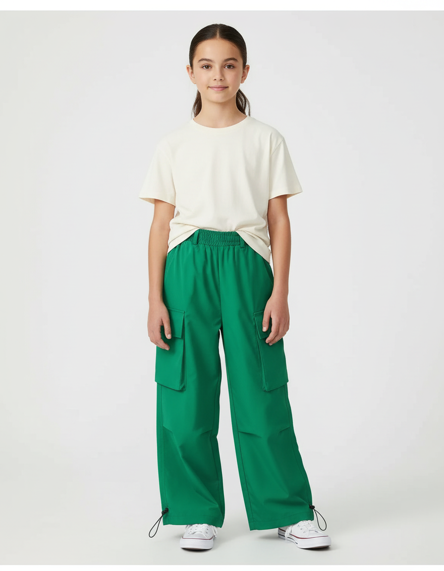 Pantalon Cargo Vert Ample Taille Haute Enfant - Polyester