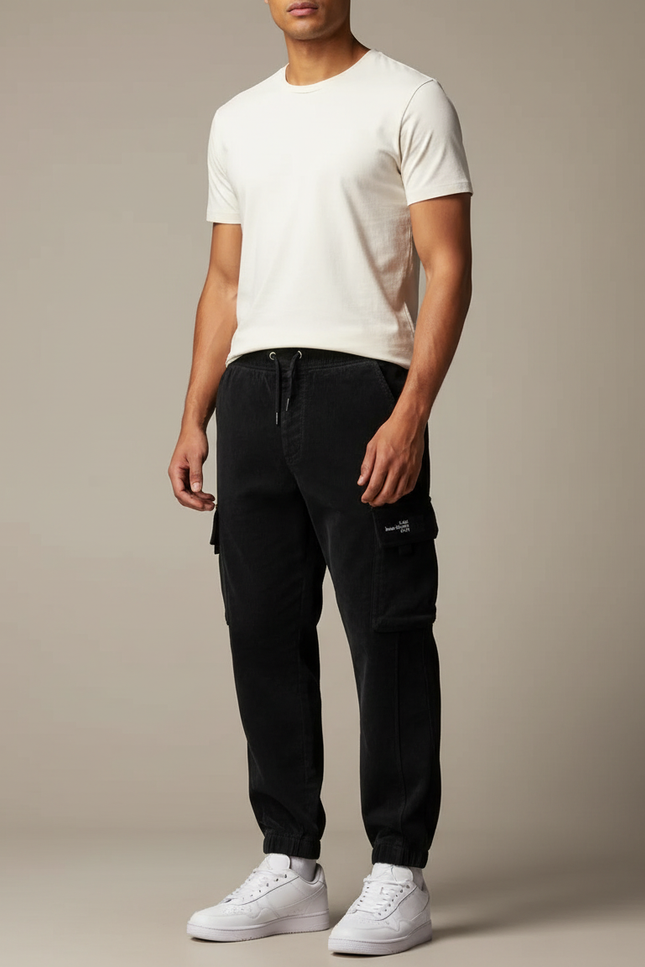 Pantalon Cargo Noir Côtelé Ample Homme - Cordé