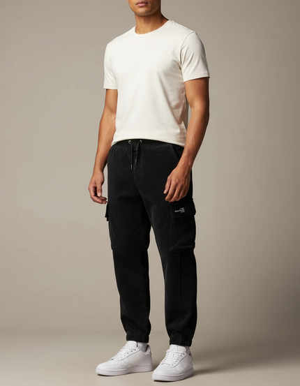 Pantalon Cargo Noir Côtelé Ample Homme - Cordé