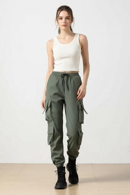 Pantalon Cargo Vert Militaire Ample Multipoches Femme - Kaki Polyester