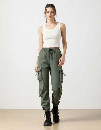 Pantalon Cargo Vert Militaire Ample Multipoches Femme - Kaki Polyester