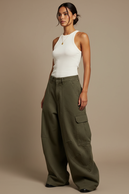 Pantalon Cargo Vert Kaki Ample Coupe Large Femme - Toile
