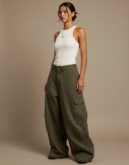 Pantalon Cargo Vert Kaki Ample Coupe Large Femme - Toile