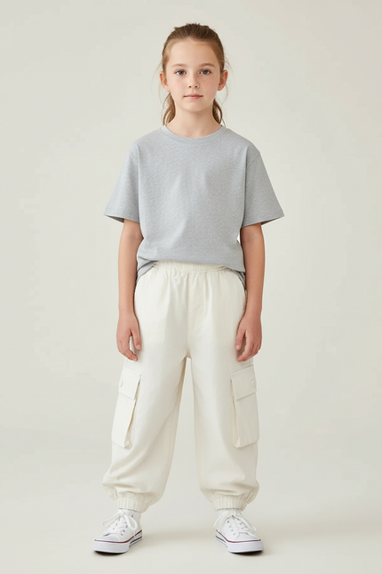 Pantalon Cargo Écru Léger Ample Multipoches Enfant - Beige Coton