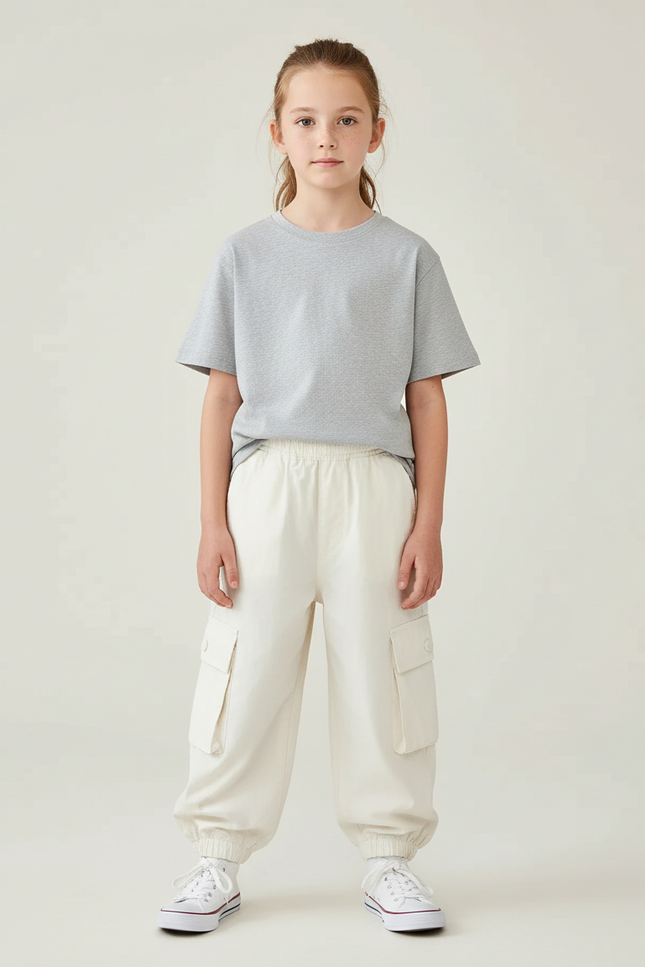 Pantalon Cargo Écru Léger Ample Multipoches Enfant - Beige Coton
