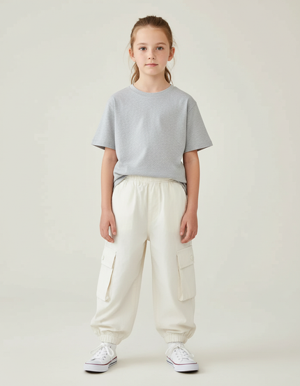 Pantalon Cargo Écru Léger Ample Multipoches Enfant - Beige Coton