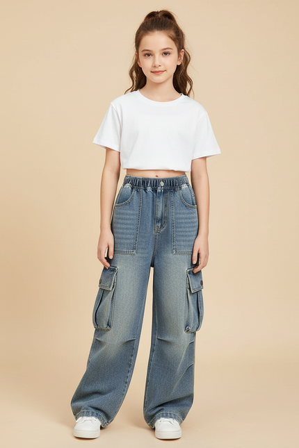 Pantalon Cargo Denim Ample Taille Élastique Enfant - Bleu Jean