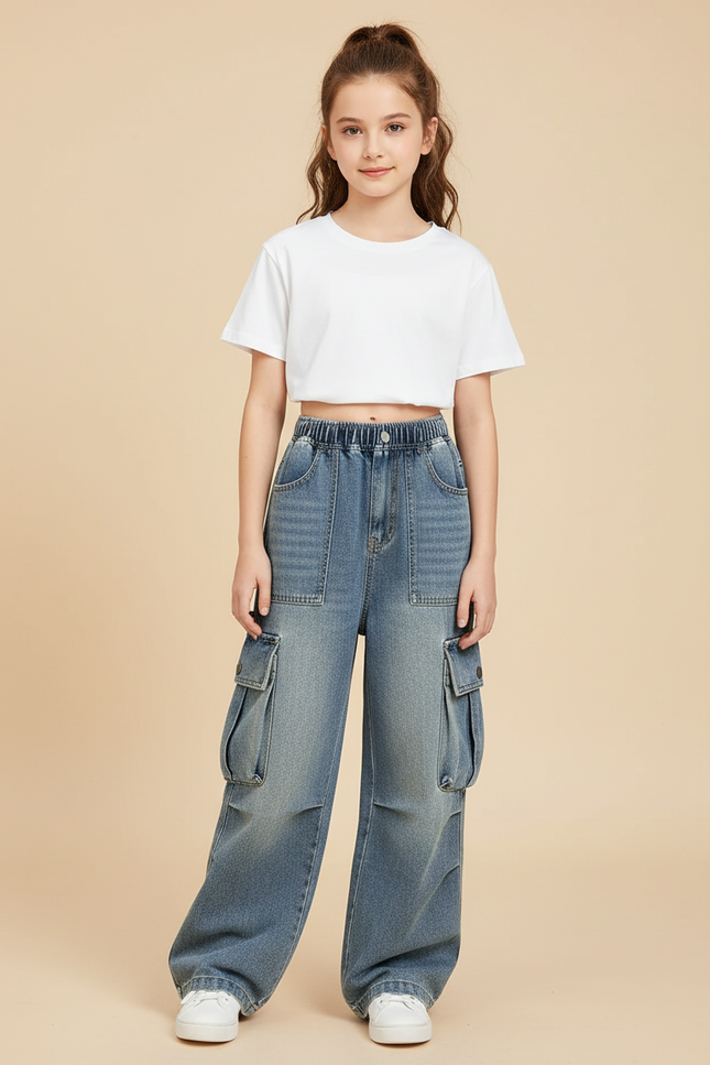 Pantalon Cargo Denim Ample Taille Élastique Enfant - Bleu Jean