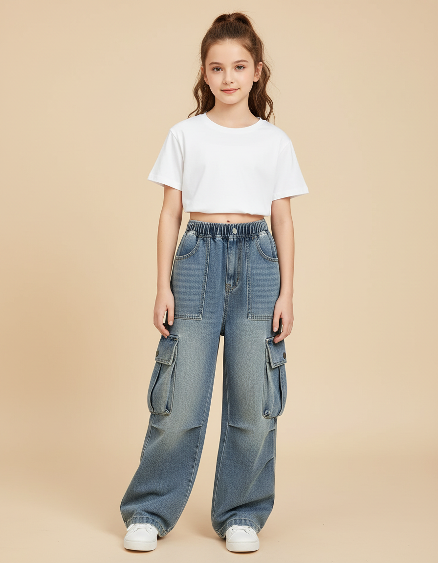 Pantalon Cargo Denim Ample Taille Élastique Enfant - Bleu Jean