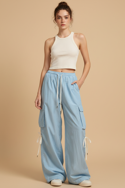 Pantalon Cargo Bleu Ciel Fluide Ample Léger - Polyester