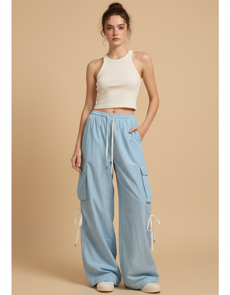 Pantalon Cargo Bleu Ciel Fluide Ample Léger - Polyester