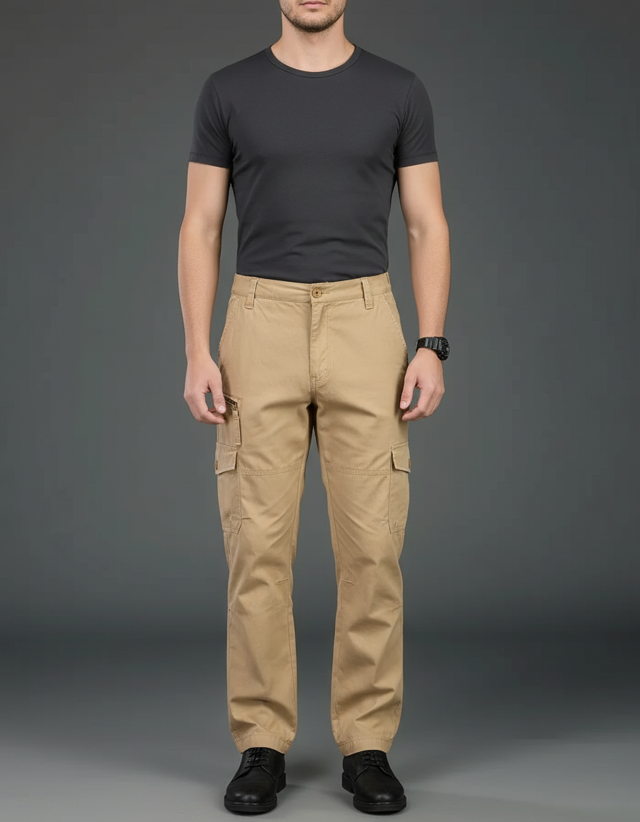 Pantalon Cargo Beige Coton Multipoches Homme Décontracté - Toile