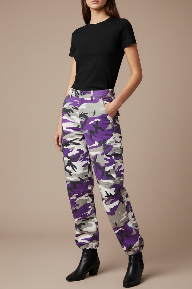Pantalon Cargo Camouflage Violet Ample Décontracté Femme - Toile
