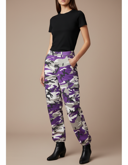 Pantalon Cargo Camouflage Violet Ample Décontracté Femme - Toile