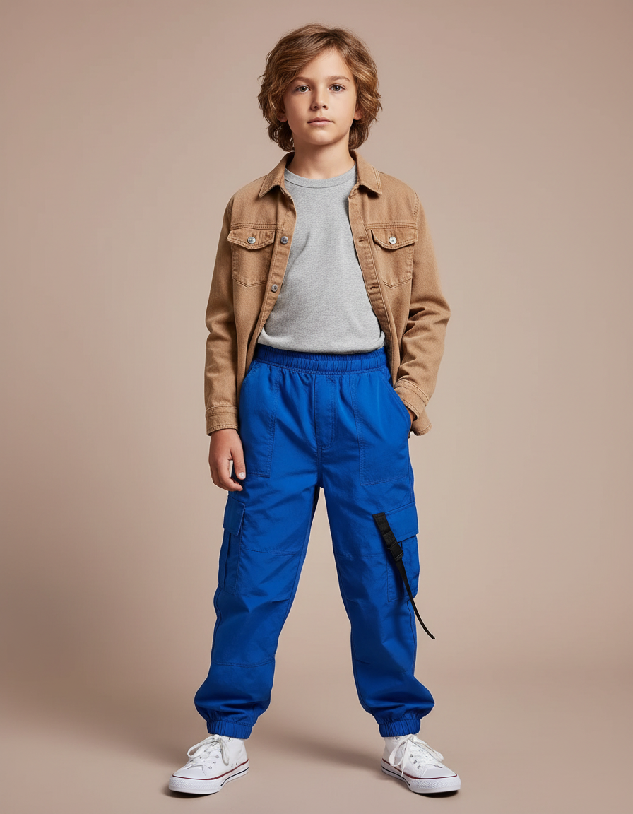 Pantalon Cargo Bleu Royal Ample Poches Enfant - Toile