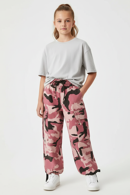 Pantalon Cargo Rose Camouflage Ample Fille - Toile