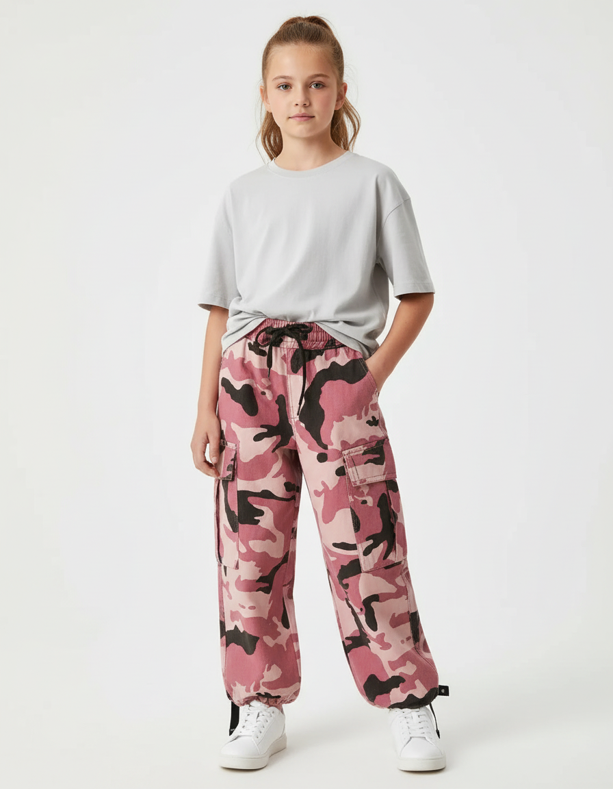 Pantalon Cargo Rose Camouflage Ample Fille - Toile