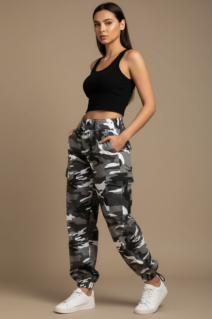 Pantalon Cargo Camouflage Gris Ample Femme - Toile