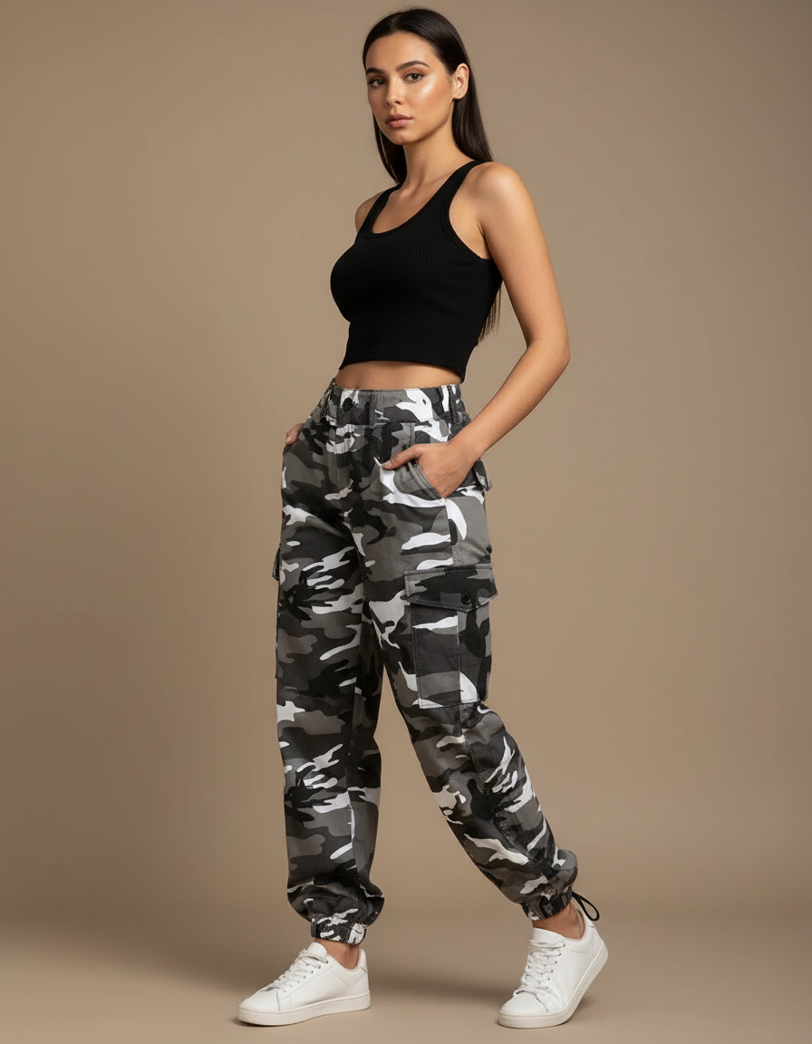 Pantalon Cargo Camouflage Gris Ample Femme - Toile