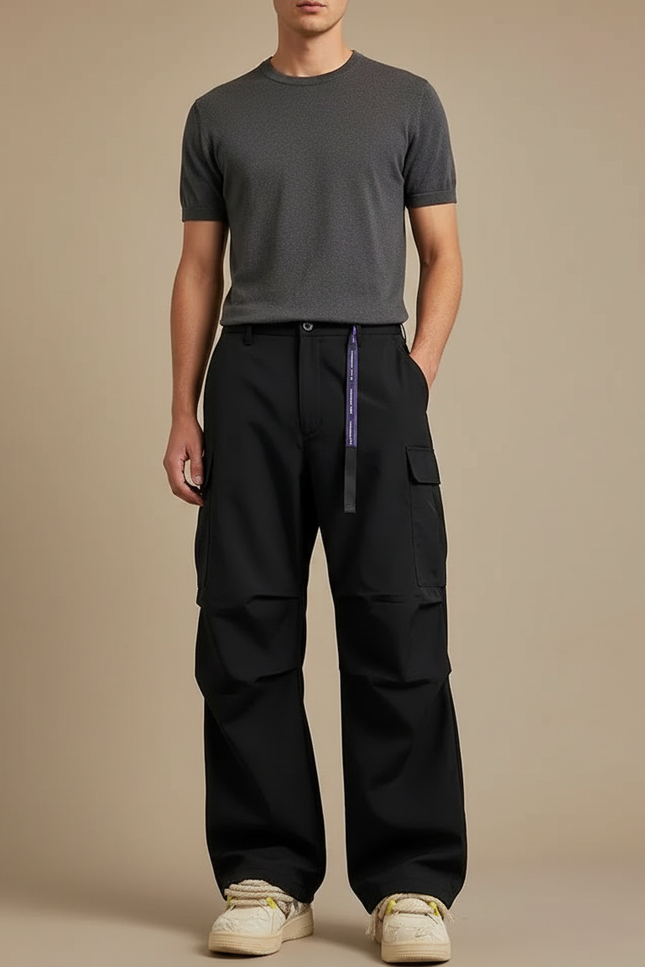 Pantalon Cargo Noir Ample Décontracté Ceinture Violette Homme - Polyester