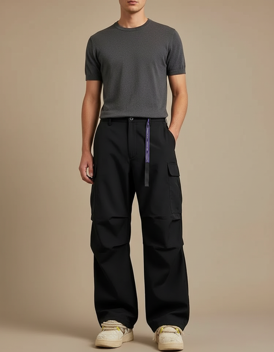 Pantalon Cargo Noir Ample Décontracté Ceinture Violette Homme - Polyester