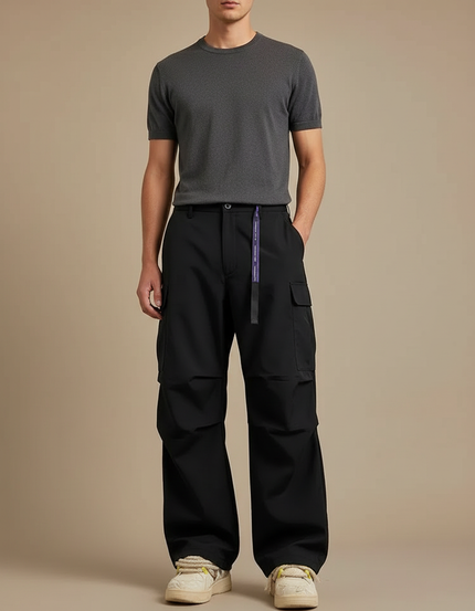 Pantalon Cargo Noir Ample Décontracté Ceinture Violette Homme - Polyester