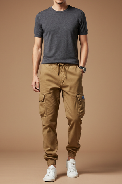 Pantalon Cargo Homme Marron Coton Multipoches Décontracté