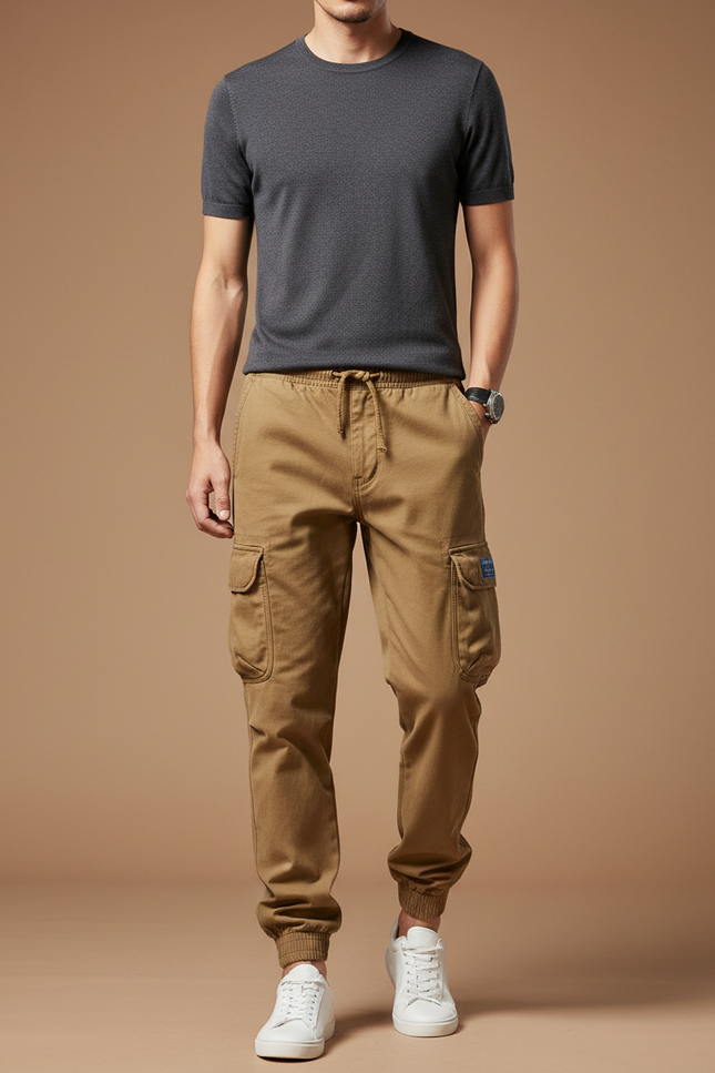 Pantalon Cargo Homme Marron Coton Multipoches Décontracté