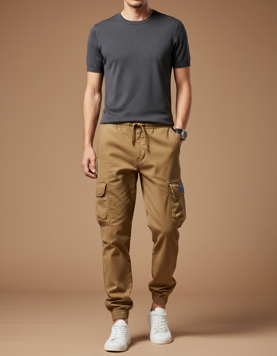 Pantalon Cargo Homme Marron Coton Multipoches Décontracté