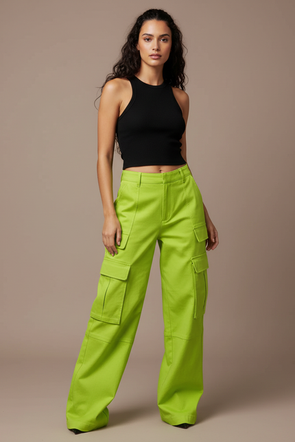 Pantalon Cargo Vert Ample Multi-Poches Femme - Toile