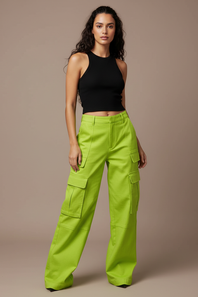 Pantalon Cargo Vert Ample Multi-Poches Femme - Toile