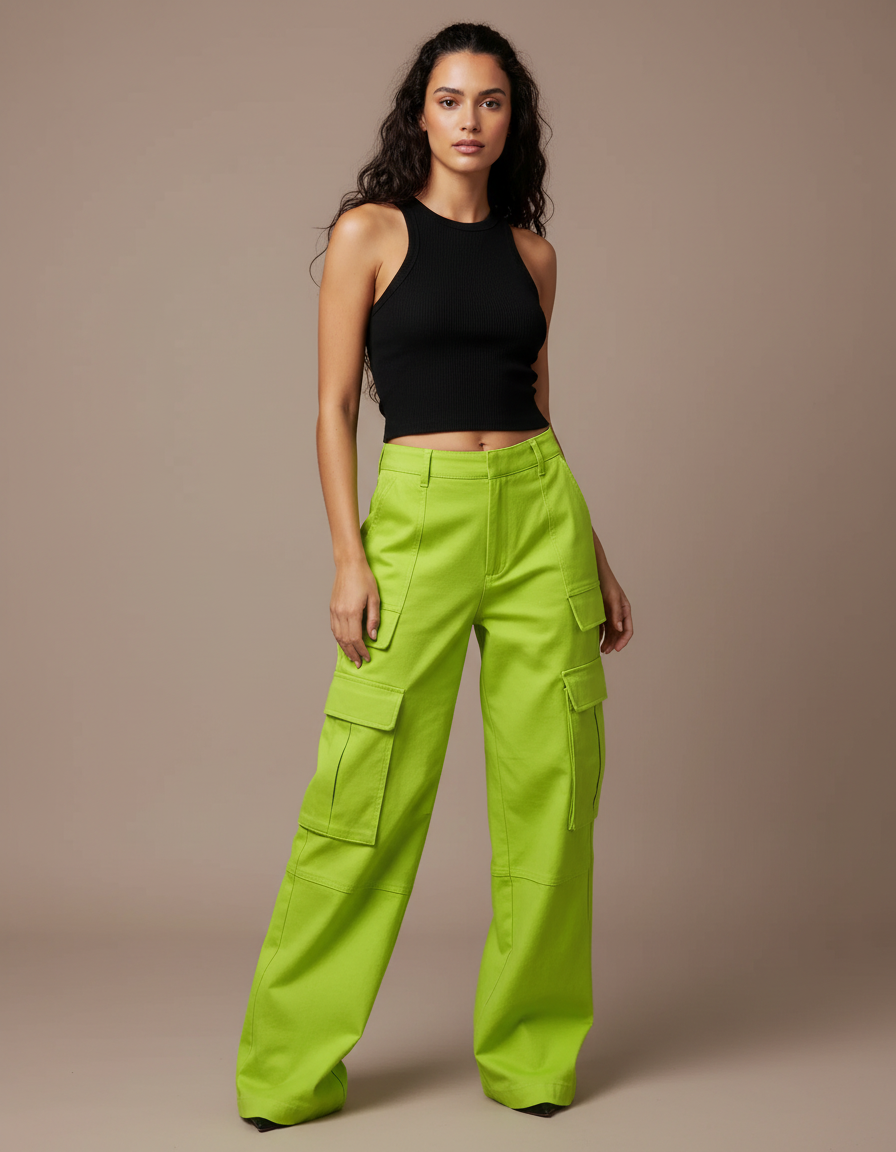 Pantalon Cargo Vert Ample Multi-Poches Femme - Toile