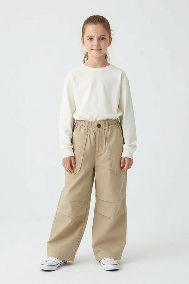 Pantalon Cargo Beige Ample Coton Enfant Décontracté Poches - Toile