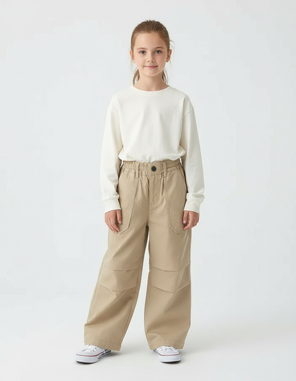 Pantalon Cargo Beige Ample Coton Enfant Décontracté Poches - Toile
