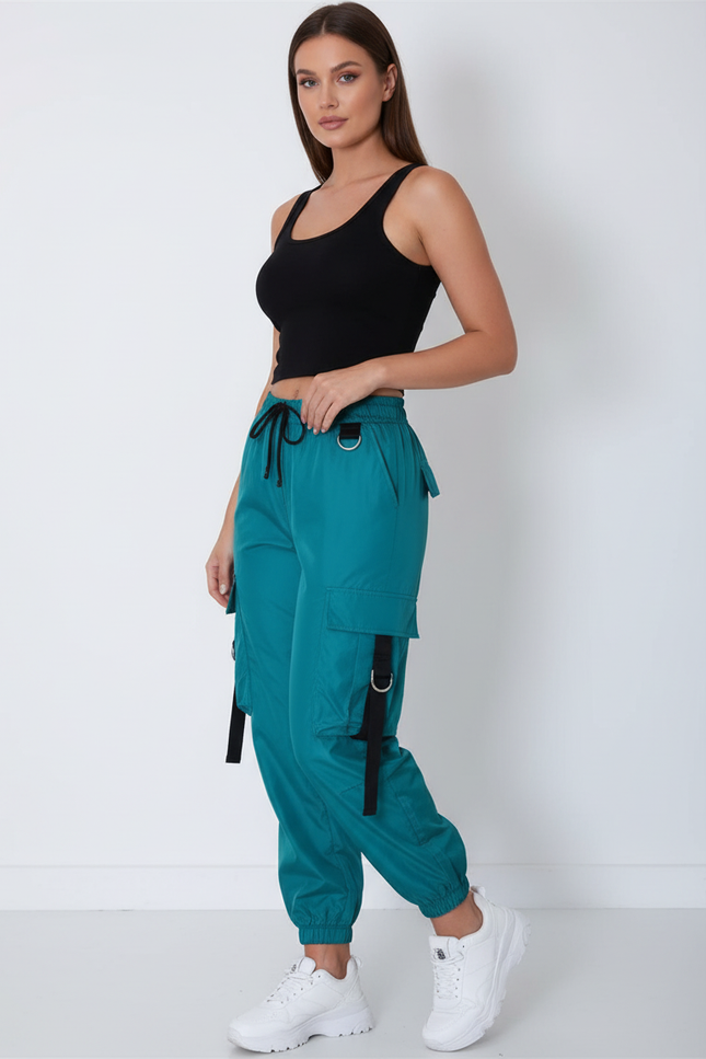 Pantalon Cargo Vert Émeraude Ample Streetwear Femme - Polyester