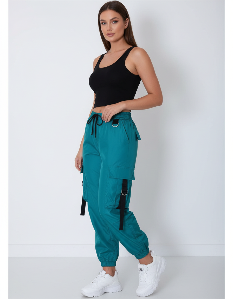 Pantalon Cargo Vert Émeraude Ample Streetwear Femme - Polyester