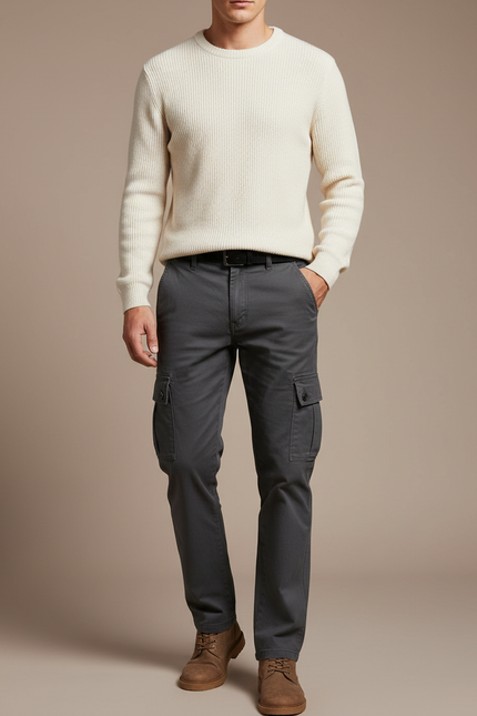 Pantalon Cargo Gris Coton Slim Multipoches Homme - Toile