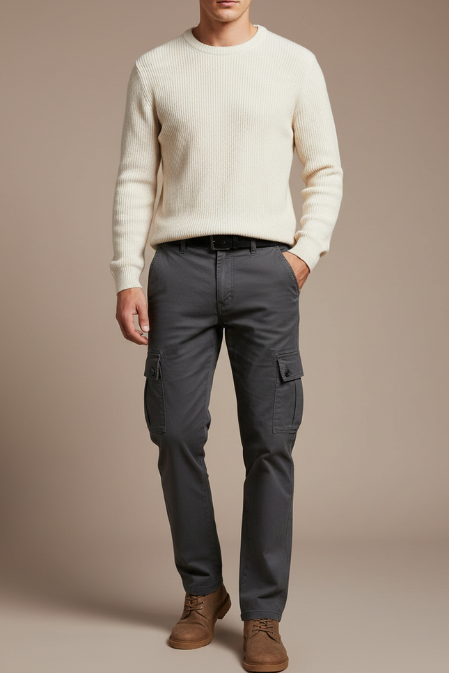 Pantalon Cargo Gris Coton Slim Multipoches Homme - Toile