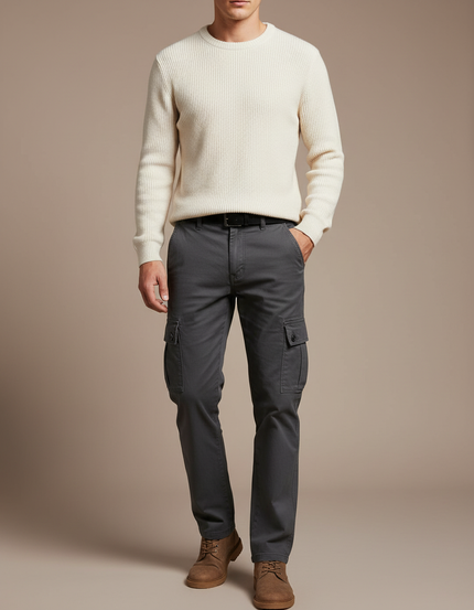 Pantalon Cargo Gris Coton Slim Multipoches Homme - Toile