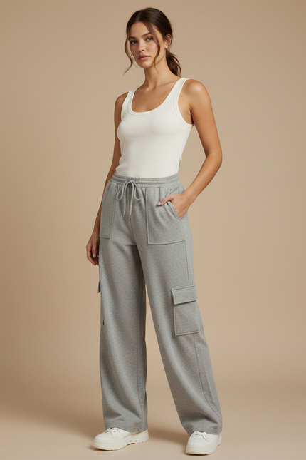 Pantalon Cargo Gris Ample Décontracté Molletonné
