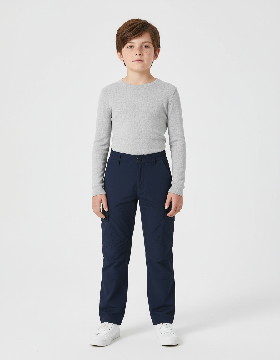 Pantalon Cargo Bleu Marine Coupe Droite Multipoches Enfant - Toile