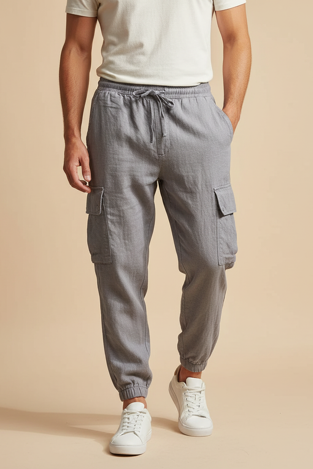 Pantalon Cargo Gris Coton Lin Décontracté Homme