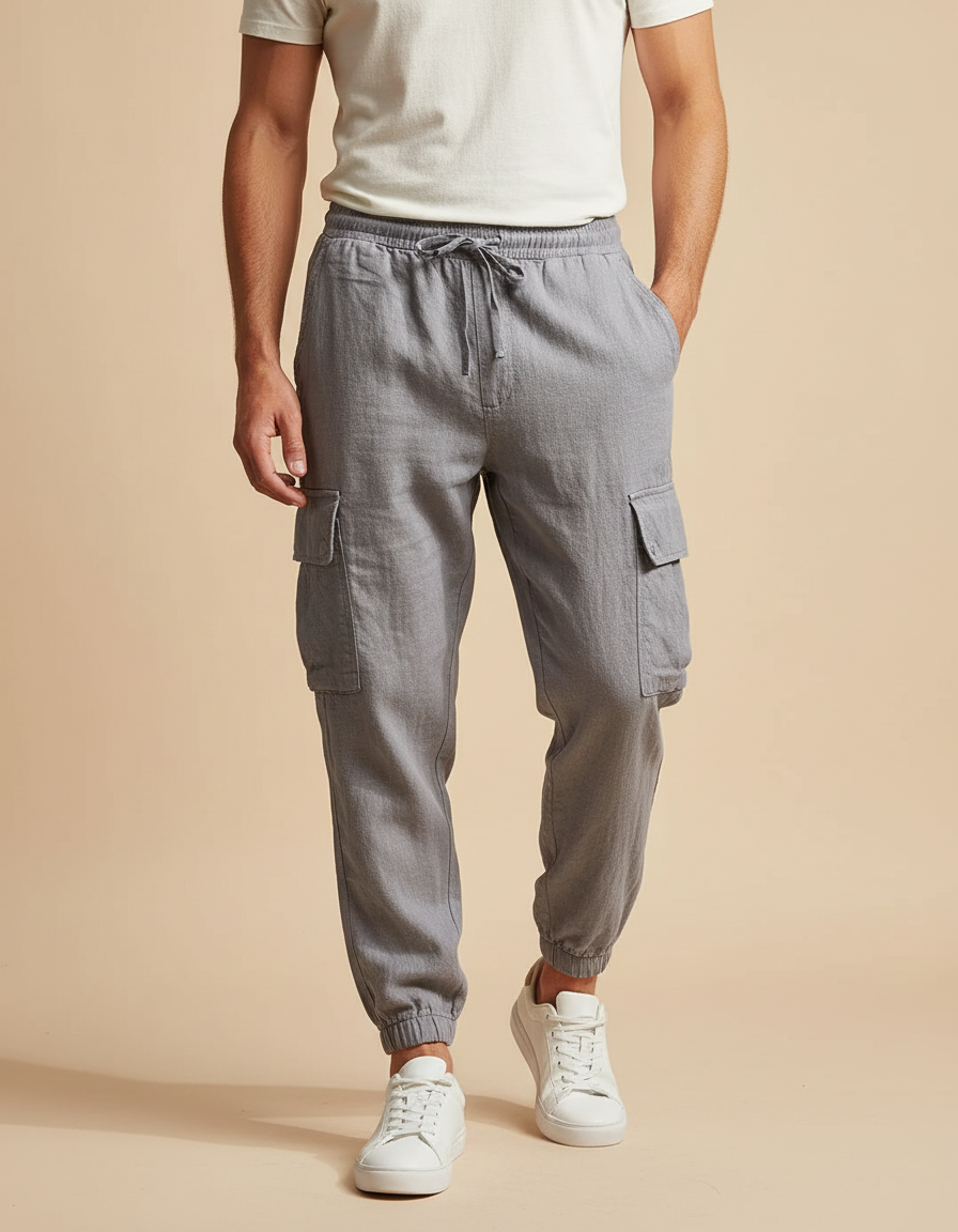 Pantalon Cargo Gris Coton Lin Décontracté Homme