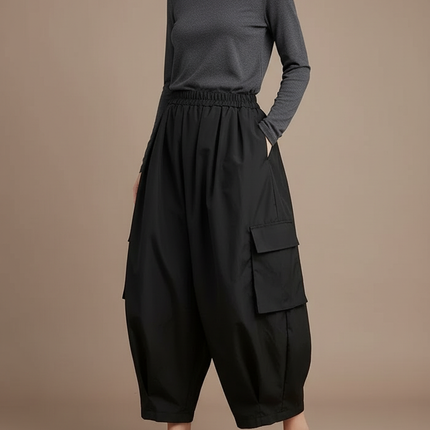 Pantalon Cargo Noir Fluide Ample Taille Haute Femme - Polyester